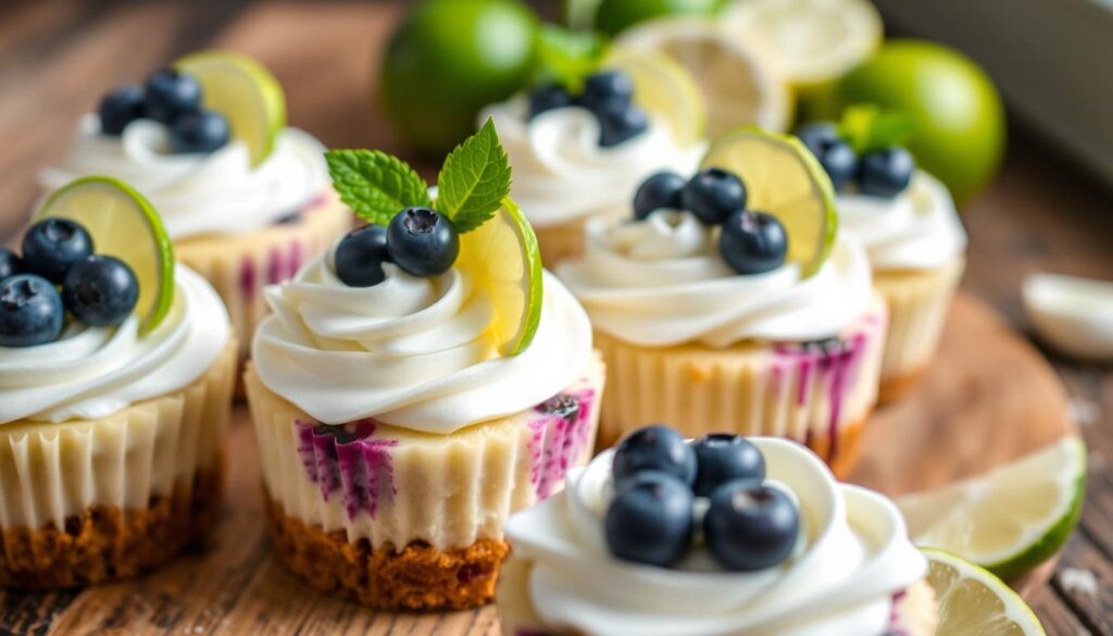 Blueberry Lime Cheesecake Cupcakes with Whipped Cream and Fruit Garnish