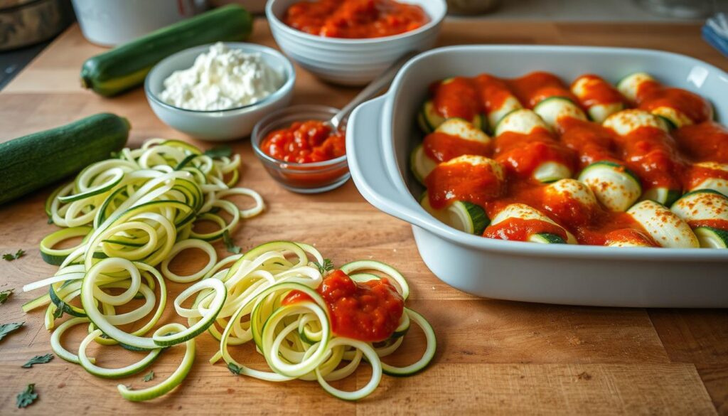 assembling zucchini rolls