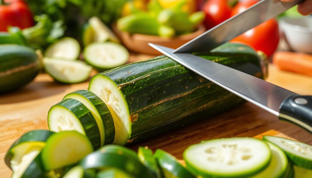 slicing zucchini