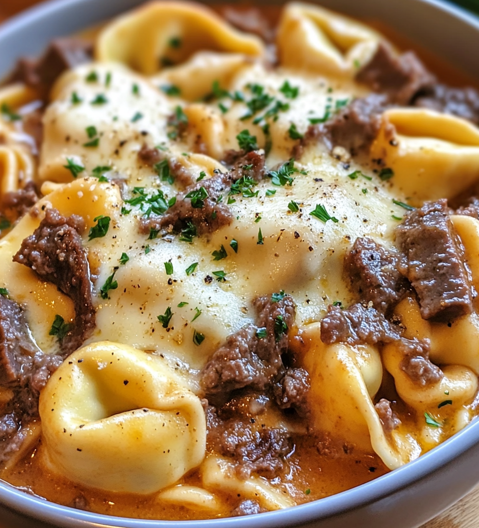 Cheesesteak Tortellini in Rich Provolone Sauce