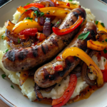 Sausage with Peppers and Onions over Garlic Mashed Potatoes