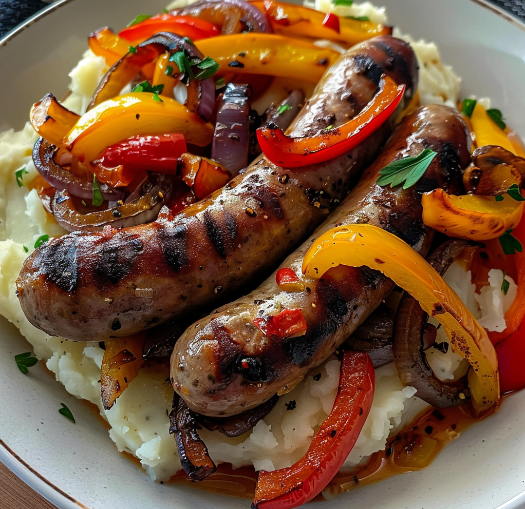 Sausage with Peppers and Onions over Garlic Mashed Potatoes